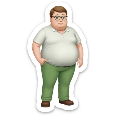 Peter Griffin from Family Guy with a pregnant belly, green pants, white shirt, glasses, and double chin sticker