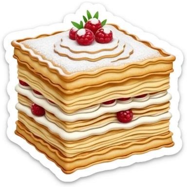Cinematic Realistic Mille-Feuille Dessert Emoji, depicted as layered puff pastry with rich cream and a dusting of powdered sugar rendered with intricate textures and elegant, soft lighting. sticker