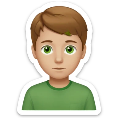 boy with light brown hair and green eyes with green shirt sticker