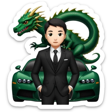 mysterious scenery: green audemars piguet watch (without text), black bugatti, and a dark green dragon, and a mysterious chinese agent from The Matrix with his eyes censored sticker