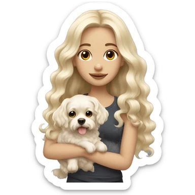 White blonde long wavy hair girl holding a cute multipu dog with short ears wavy fur sticker