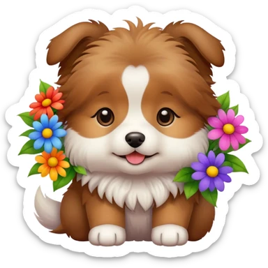 A cute dog holding a lot of flowers sticker