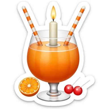 An orange fruit, not a drink, with a horizontal red stripe around the middle. 4 vertical cocktail sticks in the orange with small pieces of candy on the sticks. On top of the orange a small white lit candle. sticker