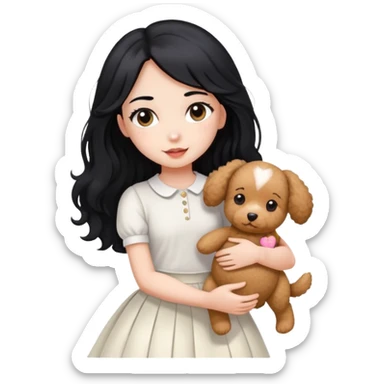 A beautiful girl with long straight black hair wearing a white skirt holding a small brown curly teddy dog sticker