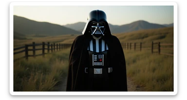A portrait of a Darth vader in the foreground, blurred plants in the foreground (close to the camera), a wooden fence in the midground, rolling hills in the background, cinematic depth of field, layered composition, natural lighting sticker