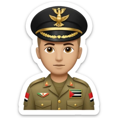 Portrait of an Iraqi soldier with an Iraqi flag chevron on his shoulder and chest sticker