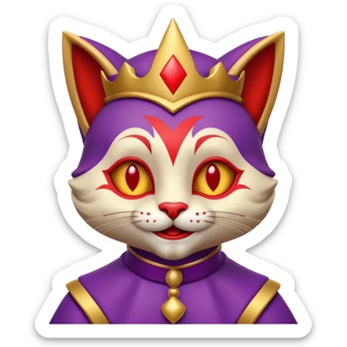 crazy colorful cute little cat jolly joker from poker, medieval, vintage, court jester, mac os icon, purple, gold and red color, half body. Squared shape as 3D mac os icon, skeuomorphic sticker