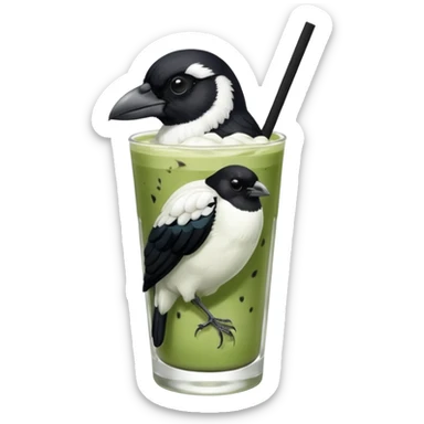 It’s an Australien Magpie (just black and white feathers) sitting on an iced matcha latte on the edge of the glass. It has green matcha on its beak indicating it drank. The iced matxha latte is in a see through glass and white from the oat milk on the bottom and green on top… one straw and ice cubes sticker