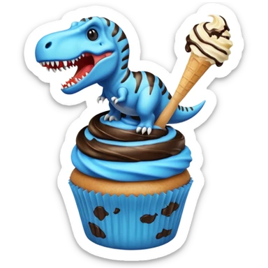 A cupcake having blue and black icing and a dinosaur as a decoration and ice cream next to it sticker