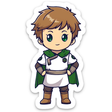 Young Rudeus Greyrat chibi, big green eyes, round face, messy light brown hair, wearing a tunic, cute and curious anime style sticker