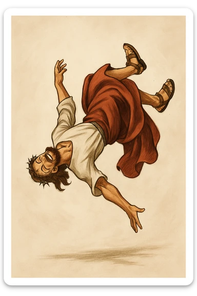 Jesus doing a backflip, dynamic pose, joyful expression, simple background sticker