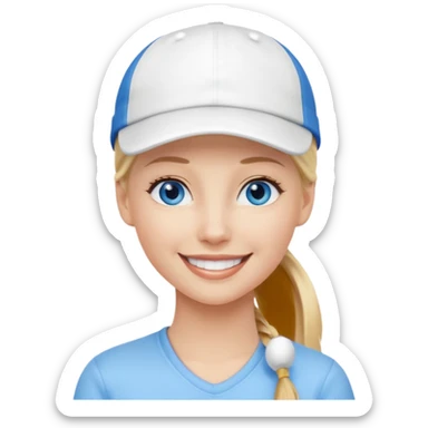 blonde woman, blue eyes, pony tail, white cap sticker