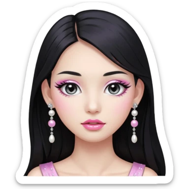asian long black hair silver grey eyes glossy lips glittery white and pink eyeshadow girl pearl earrings sticker