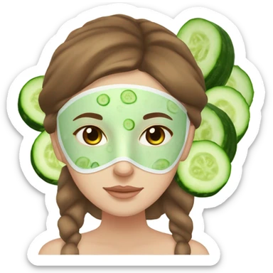 Girl with freackles Brown hair white skin and blue eyes wears Green skin care mask while She relaxes and two round piece cucumber on her closed eyes sticker