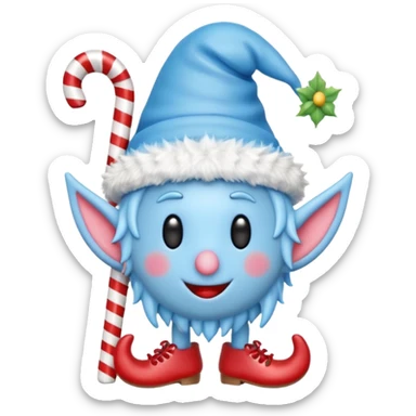blue emoji creature with elf hat, small quills, candy-cane shoes, 3D emoji style, 1:1
 sticker