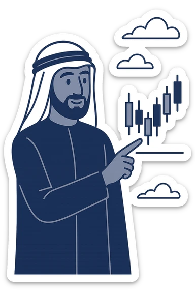 Sheikh pointing at a candlestick chart, flat modern style, Middle Eastern trading theme sticker