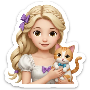Cewek berbaju putih cantik memakai pita di rambut yang telah dia kelabang seperti rapunzel (membawa kucing lucu 1) dan tersenyum manis rambut nya tertiup angin sticker