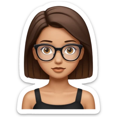 Imagine a pretty girl with slightly light brown skin with big brown eyes and glasses. She has straight brown hair in a slick back and is wearing a black tube top sticker