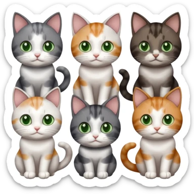 4 different coloured small cats including a dark grey and white, and a patchy calico, and a brown tabby and white,  and a completely solid dark grey with green eyes and only white paws sticker