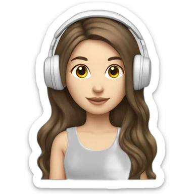 brunette white girl with long hair listening to music with her phone in her hand with white wired headphones  sticker