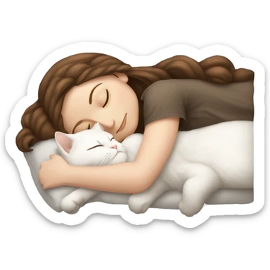 White girl brown hair sleeping with white kitty sticker