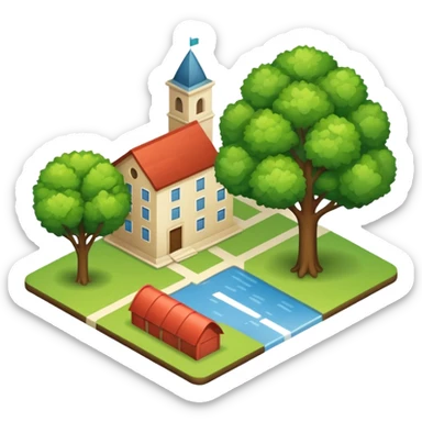 An icon featuring a local map, and regional landmarks, symbolizing local gardening. The design includes a tree, and 1 building, representing the unique geography and culture of a specific area. Transparent background highlights the exploration of local history and environment. sticker