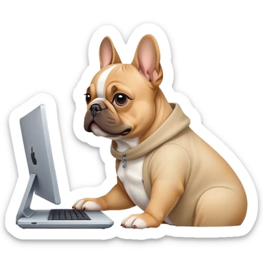 Frenchie working behind computer sticker