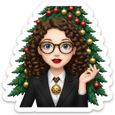A girl with white pale skin, blue eyes, full lips, brunette long curly hair. She has a leopard print round-ish shaped glasses. She is wearing a all black suit. And she has red lipstick. She is putting gold ornaments happily to a christmas tree. sticker