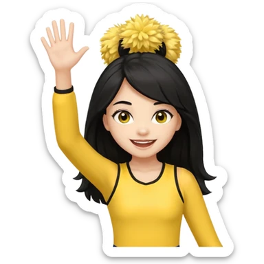 A long black hair teen girl waving pom-poms, eyes sparkling with excitement, yellow cheer leader top sticker