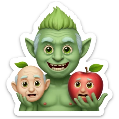 cheeky troll holding a small shocked old man, both with exaggerated expressions, apple emoji style sticker