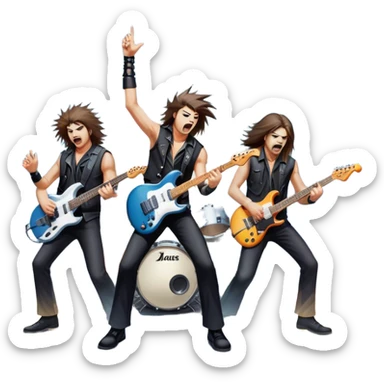 Icon for Heavy Metal Music: 4 men band on stage with electric guitars, drums and intense lighting. 4 Musicians headbanging, surrounded by energy and stage effects, capturing the power and intensity of a metal concert. Transparent background. sticker