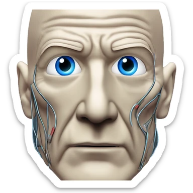 Jean luc picard from Star Trek assimilated by the Borg, with mechanical metal covering only the left side of his face, with wires and a red light on the left side. Both his eyes are unobstructed and are human blue eyes. sticker