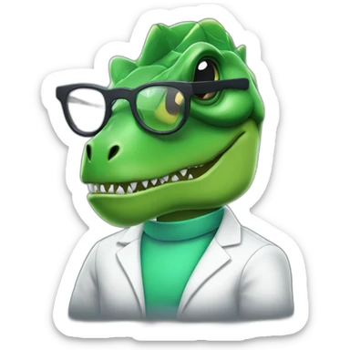 green t-rex head with makeup in lab uniform and black glasses sticker