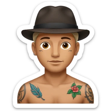 tattooed man with a hat sticker