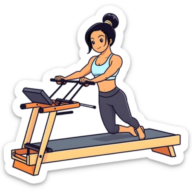 woman with tanned skin, long black hair, wearing a sports bra, doing exercise on a Pilates reformer machine sticker