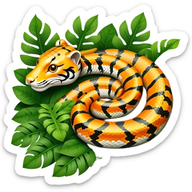Tiger python coiled up on the ground, blending with the dense jungle foliage. Its distinct orange and black stripes stand out against the vibrant green of leaves and plants. Sunlight filters through the trees, highlighting the snake's patterned scales. Transparent background. sticker