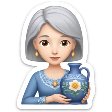 Woman with grey hair with ceramics sticker