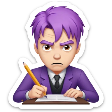white man with purple hair angry writing a legal document in distress sticker