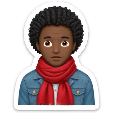 black skin man, curly black hair wear big red scraft, jean jacket sticker