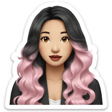 stunning asian woman black long wavy hair, light pink lips sticker