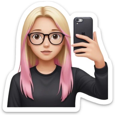 A teenage girl taking a selfie in a school bathroom. She has long straight hair with blonde and pink highlights, wears glasses and a black shirt. Her expression is neutral
 sticker