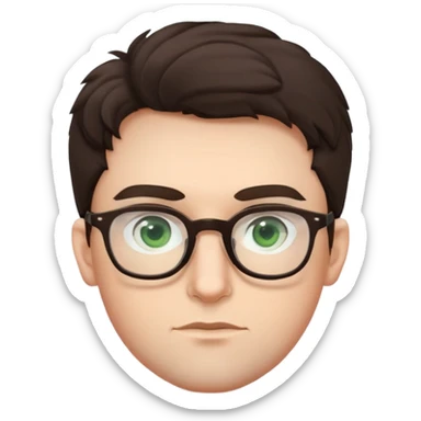 Young man with slightly curled dark brown poofy hair, green eyes wearing glasses, wide face with eyes set apart, bigger ears, pale skin, slightly bigger nose, fuller darker lips, and very light stubble sticker