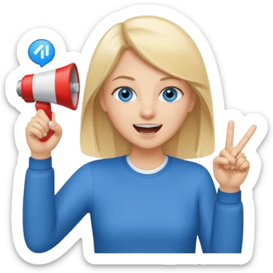 blue eyes blonde girl yelling into megaphone and holding up 1 finger in the other hand smiling sticker