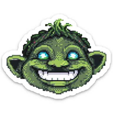 Pixelated troll face meme with signature grin, YouTube style sticker