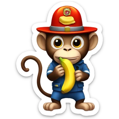 Monkey eating a banana wearing a fire man's hat sticker