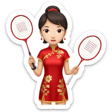 ancient cheongsam girl with 1 badminton racket, red sticker