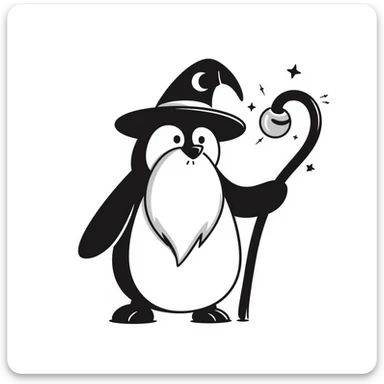 a penguin wizard with a long white beard, pointed hat, and magical staff sticker