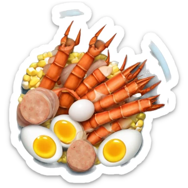 Bowl with crab legs and hard boiled eggs and corn cobs and sausage  sticker