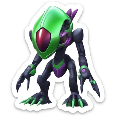 a shiny black-green-purple Genesect-Flygon-Raptor-Fakémon-Medabot-hybrid with a futuristic visor-helmet full body sticker