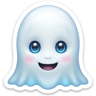 Cinematic Cute Ghost Portrait Emoji, with a playful, rounded translucent form in soft pastel whites and blues, featuring large, sparkling eyes and a gentle, mischievous smile, simplified yet irresistibly endearing, highly detailed with a soft glowing outline that captures the charm of a friendly spirit ready to float into your heart! sticker